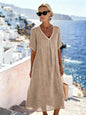 Patchwork Asymmetrical Maxi Dress – Relaxed V-Neck Style FitiqueFit