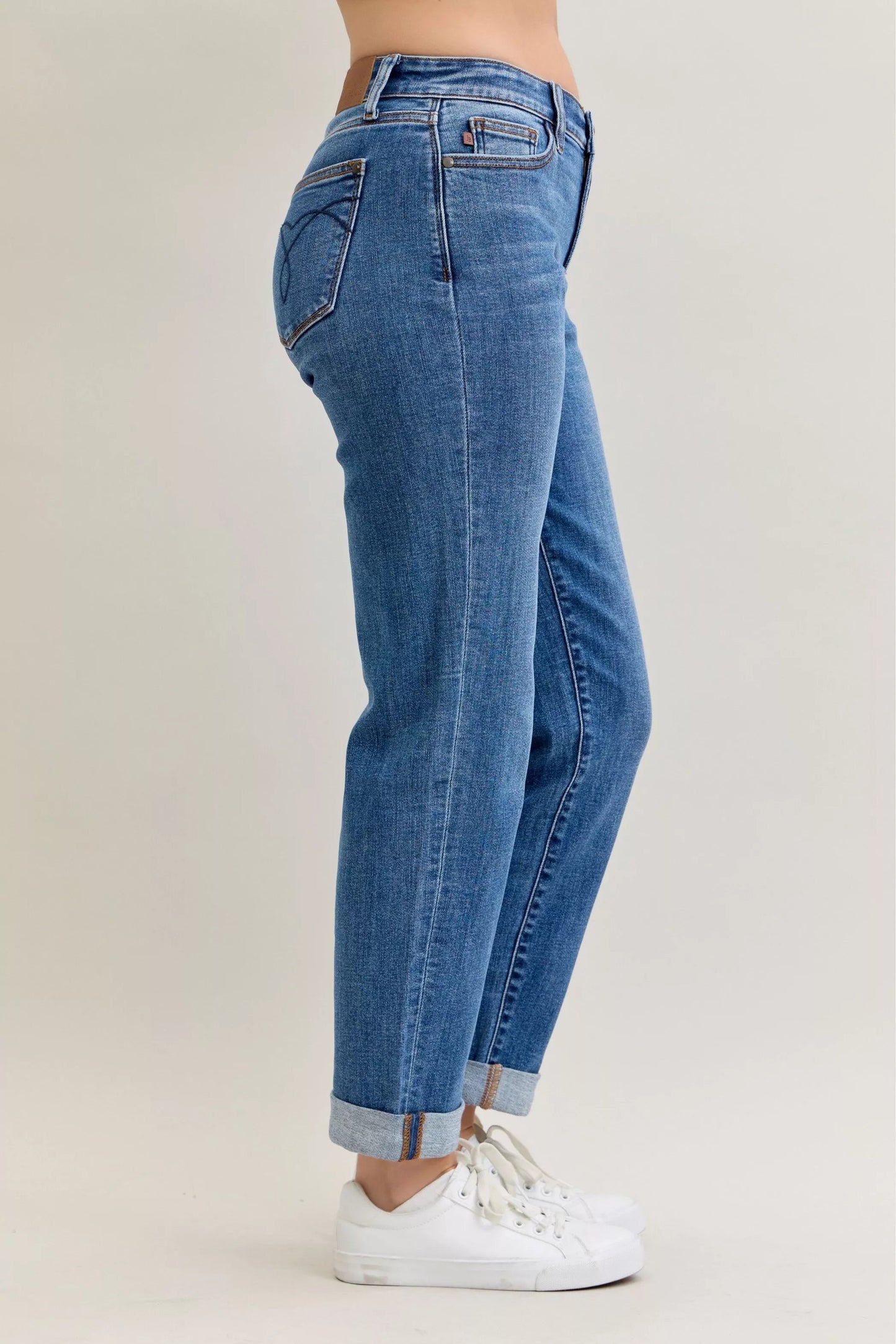 Judy Blue Full Size Mid Rise BF Classic Cuffed Jeans Plus Size Garden Naked Curves