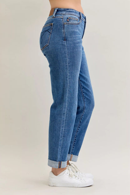 Judy Blue Full Size Mid Rise BF Classic Cuffed Jeans Plus Size Garden Naked Curves