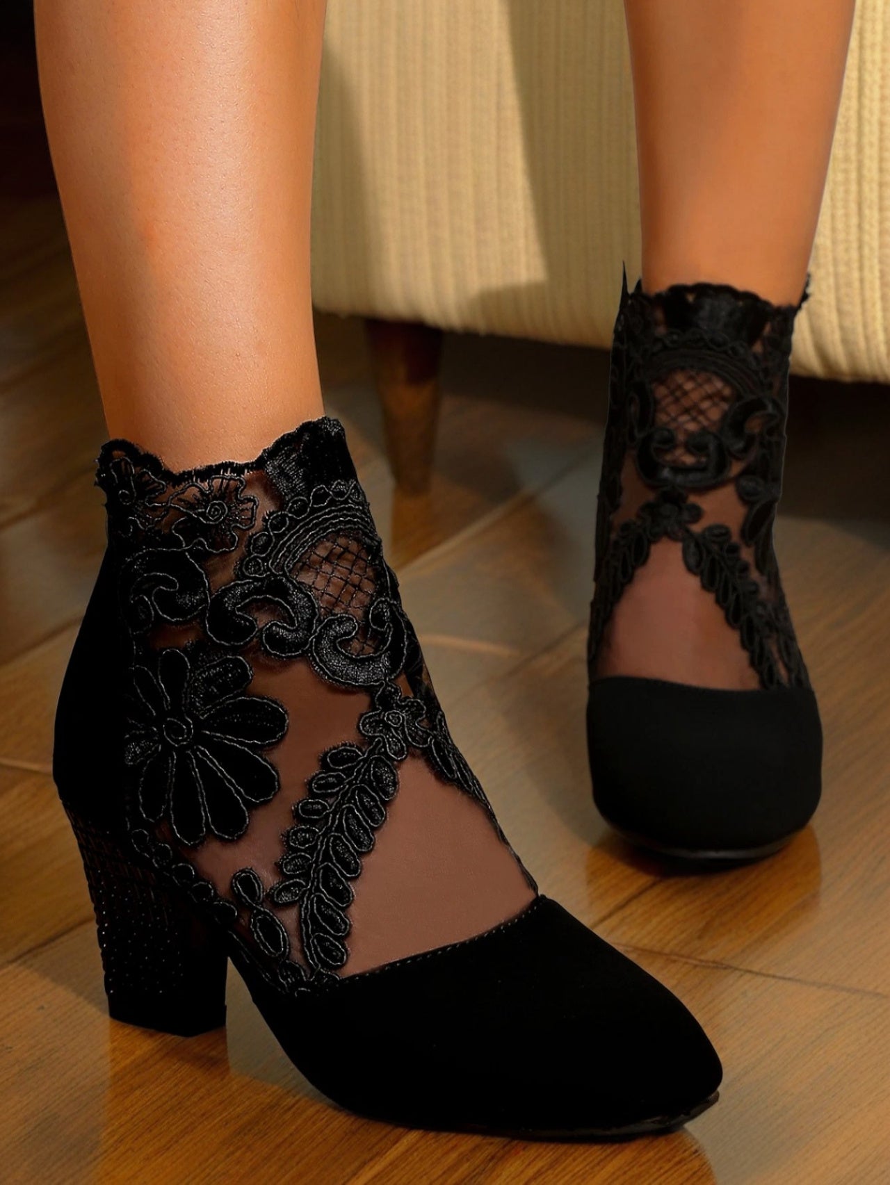Lace-Embroidered Mesh Chunky-Heel Ankle Boots | Black & White EU 35–43 FitiqueFit