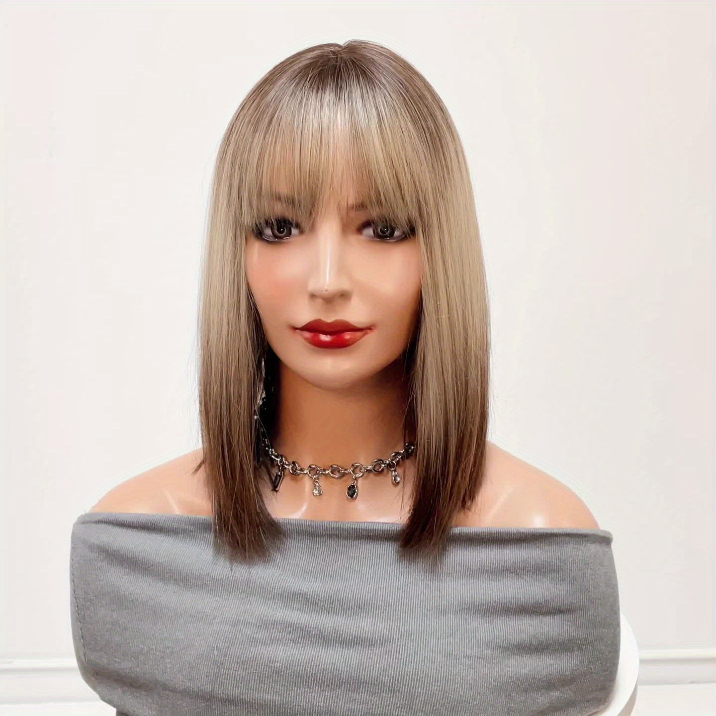 Elegant 14 inch Gray Ombre Brown Bob Wig for Women with Bangs, Shoulder Length Straight Hair Wig, High Temperature Fiber, Rose Net Cap, Natural Look NovaCart