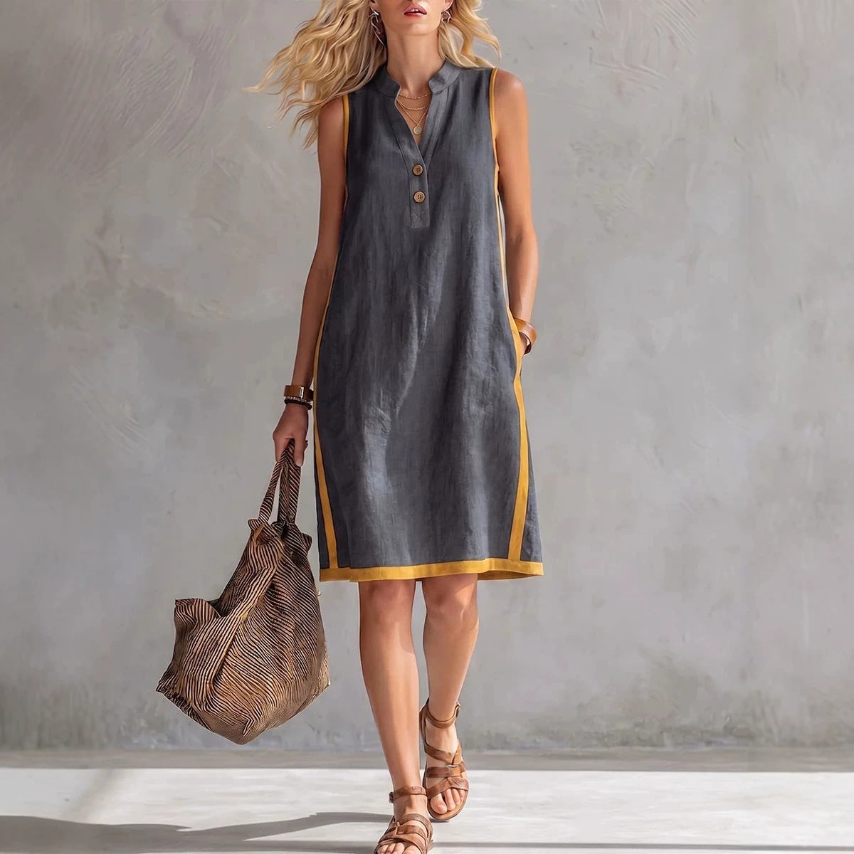 Women's Sleeveless V-Neck Button-Front Pocketed A-Line Midi Dress FitiqueFit