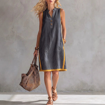 Women's Sleeveless V-Neck Button-Front Pocketed A-Line Midi Dress FitiqueFit
