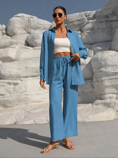 Women'S Solid Collared Button Front Shirt & Tie Front Wide Leg Pants Two-Piece Set, Casual Drop Shoulder Long Sleeve Fitted Top & High Waist Trousers for Spring & Fall, Linen Set, Loose Pant Sets, Casual Matching Sets, Womenswear