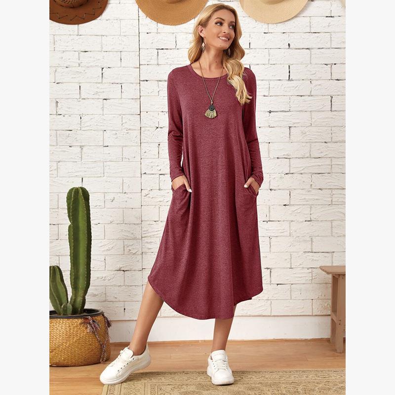 Women's Cotton Maxi Dress – Solid Color Long Sleeve A-Line with Pockets FitiqueFit