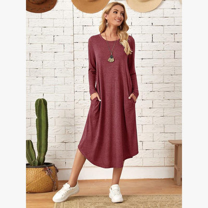Women's Cotton Maxi Dress – Solid Color Long Sleeve A-Line with Pockets FitiqueFit