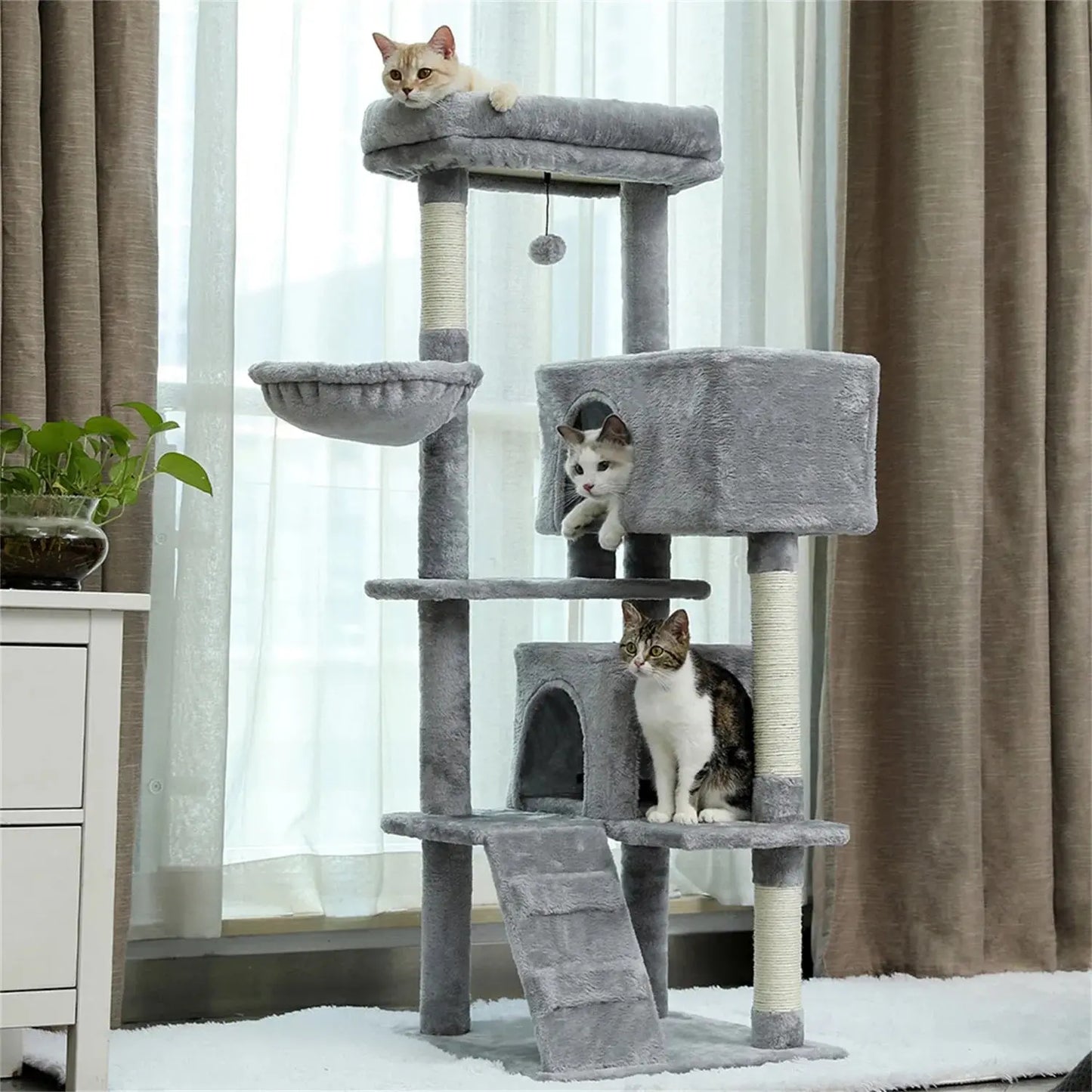 Deluxe 56" Cat Tree for Indoor Cats - Spacious Cat Tower with Plush Perches, Cozy Basket, and Durable Scratching Posts in Gray