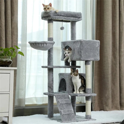 Deluxe 56" Cat Tree for Indoor Cats - Spacious Cat Tower with Plush Perches, Cozy Basket, and Durable Scratching Posts in Gray