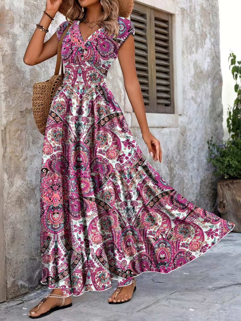 Women's V-Neck Floral Print A-Line Midi Dress – High Waist Sleeveless FitiqueFit