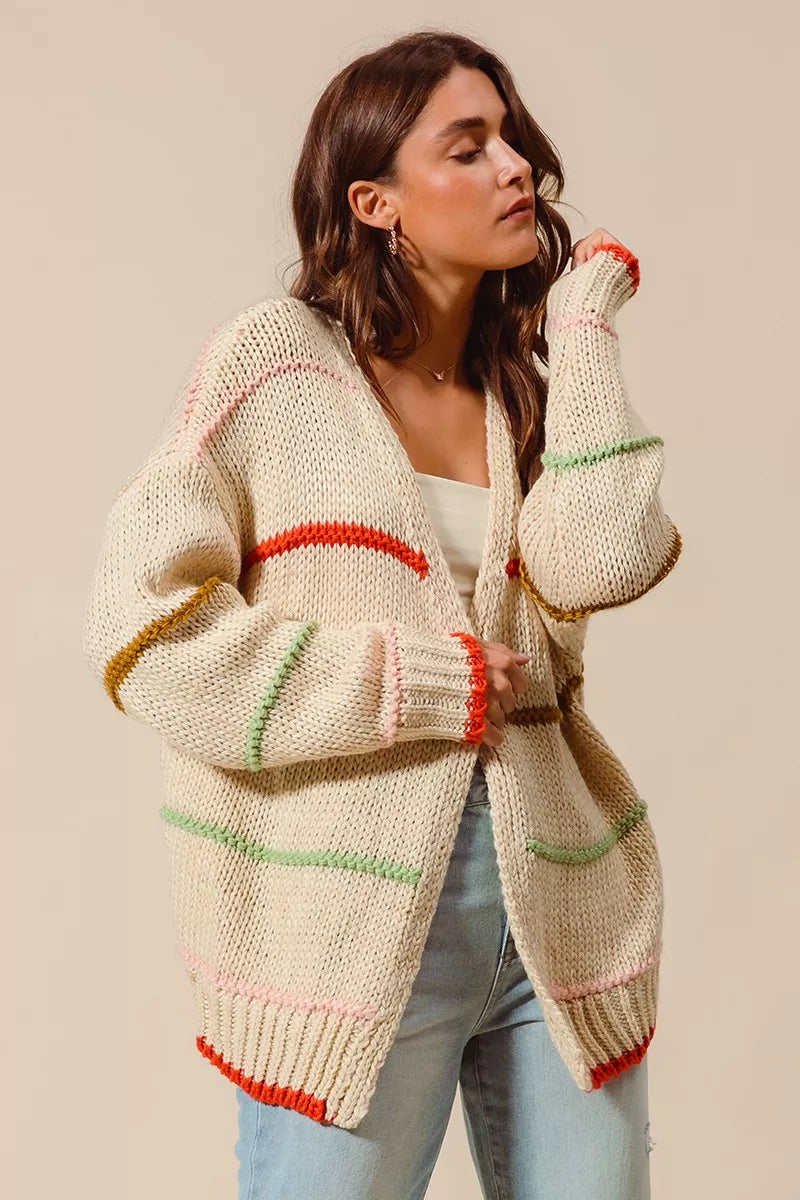 SO ME Loose Fit Multi Stripe Open Front Cardigan FitiqueFit