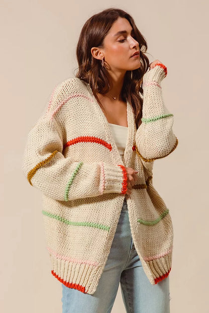 SO ME Loose Fit Multi Stripe Open Front Cardigan FitiqueFit