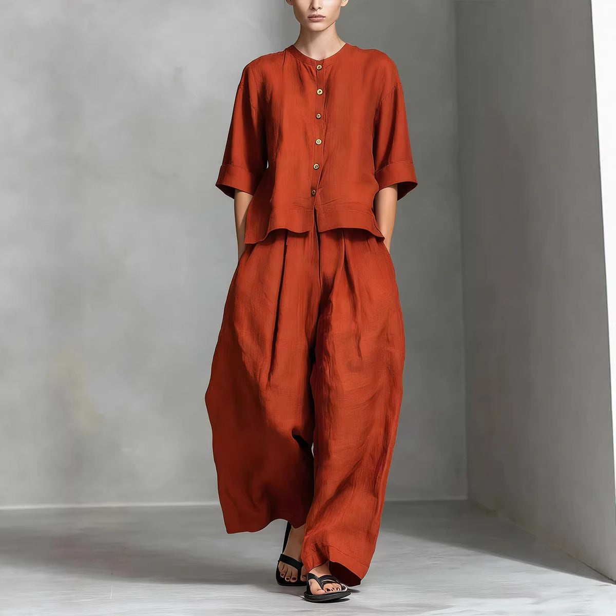 Three-Quarter Sleeve Shirt & Loose Trousers Two-Piece Set FitiqueFit