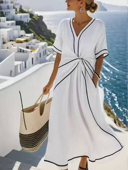 Striped Print Maxi Dress – Short Sleeve Beach Vacation Dress FitiqueFit