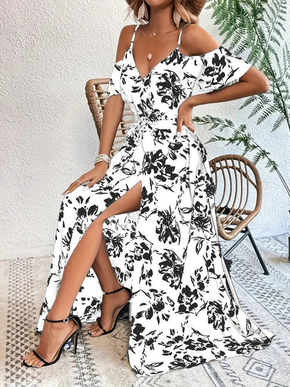 Ins Off-Shoulder Split Dress Summer Floral Print Suspender Long Dresses With Belt Design Women's Beach Clothing Grayceful LLC