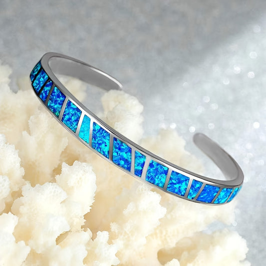 Vintage Blue Opal Open Bracelet - 18K Golden Plated Copper with Synthetic Stones, Adjustable Chain, Elegant & Versatile Jewelry for Daily Wear or Parties, Party Accessory, Classic Style, Durable Bracelet NovaCart