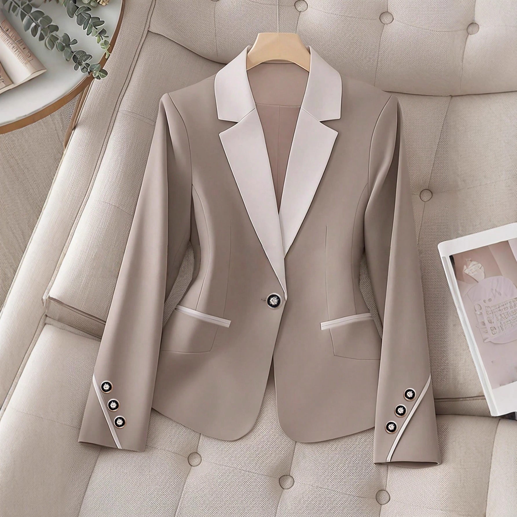 Women’s Contrasting Color Blazer – Elegant Button Formal Jacket FitiqueFit
