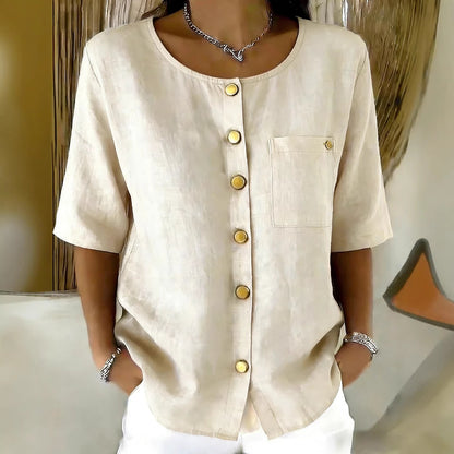 Crew-Neck 3/4 Sleeve Shirt with Metal Buttons – 7 Colors, S–3XL FitiqueFit