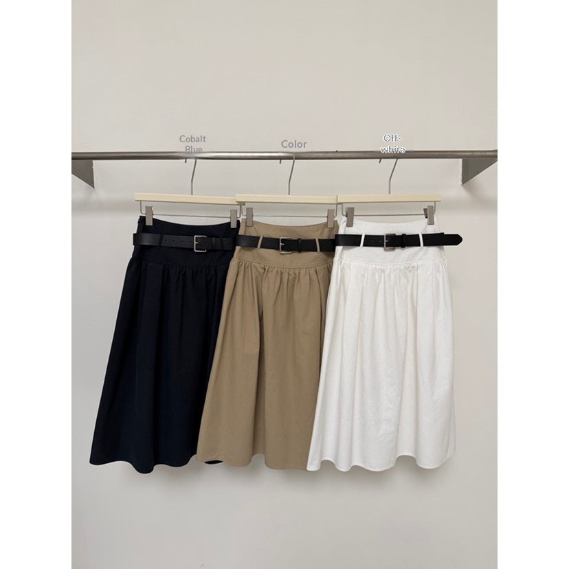 Relaxed A-Line Crushed Pleat Cotton Midi Skirt with Belt FitiqueFit