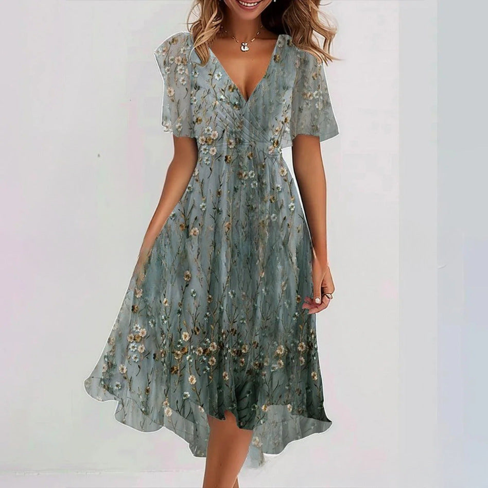 Floral Print A-Line Dress – V-Neck Short Sleeve Midi Dress FitiqueFit