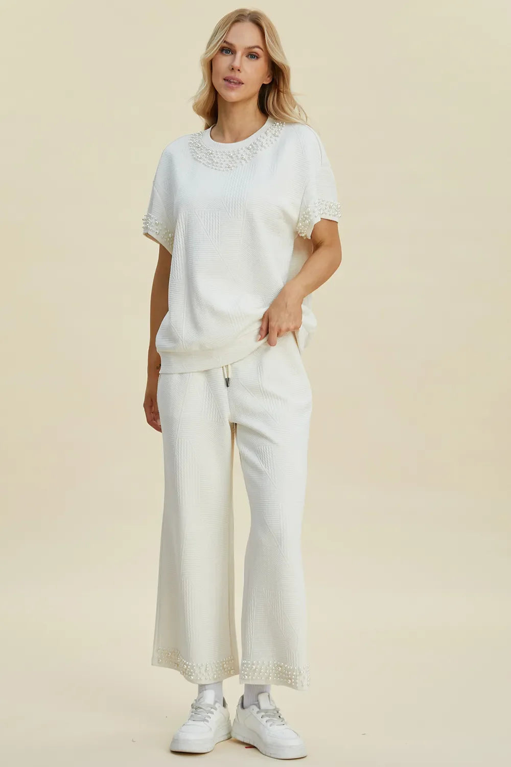 Double Take Full Size Pearl Detail Round Neck Top and Pants Set West2East Surf