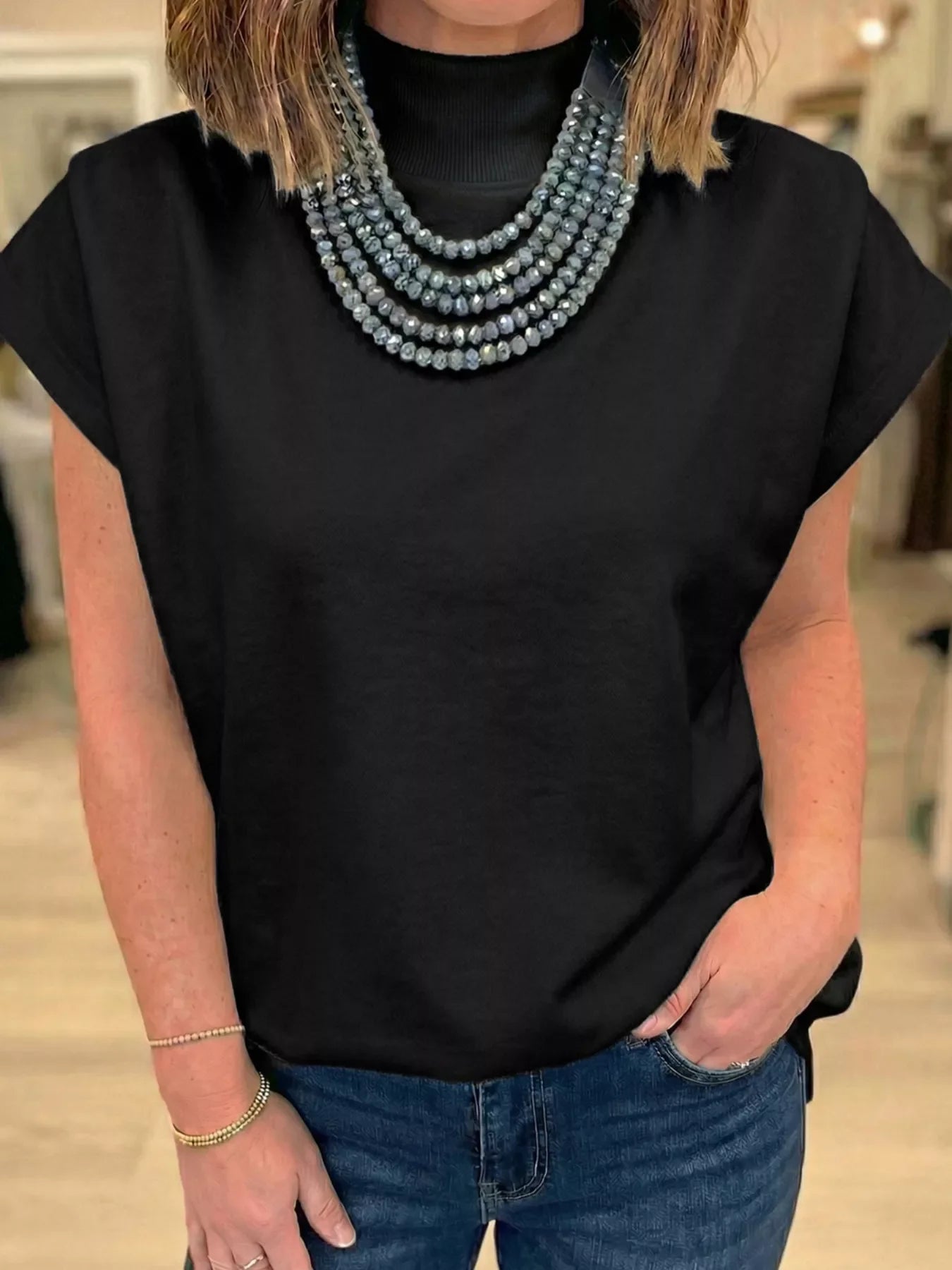 Mock Neck Cap Sleeve Blouse New Era Fashion LLc