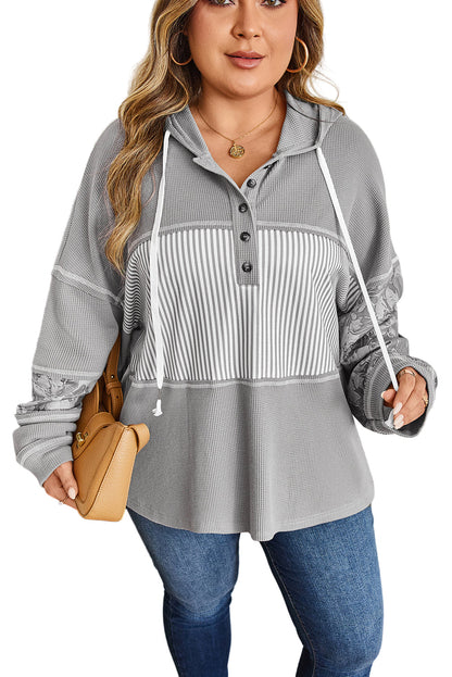 Gray Mixed Pattern Waffle Knit Patchwork Half Buttons Plus Hooded Top Garden Naked Curves