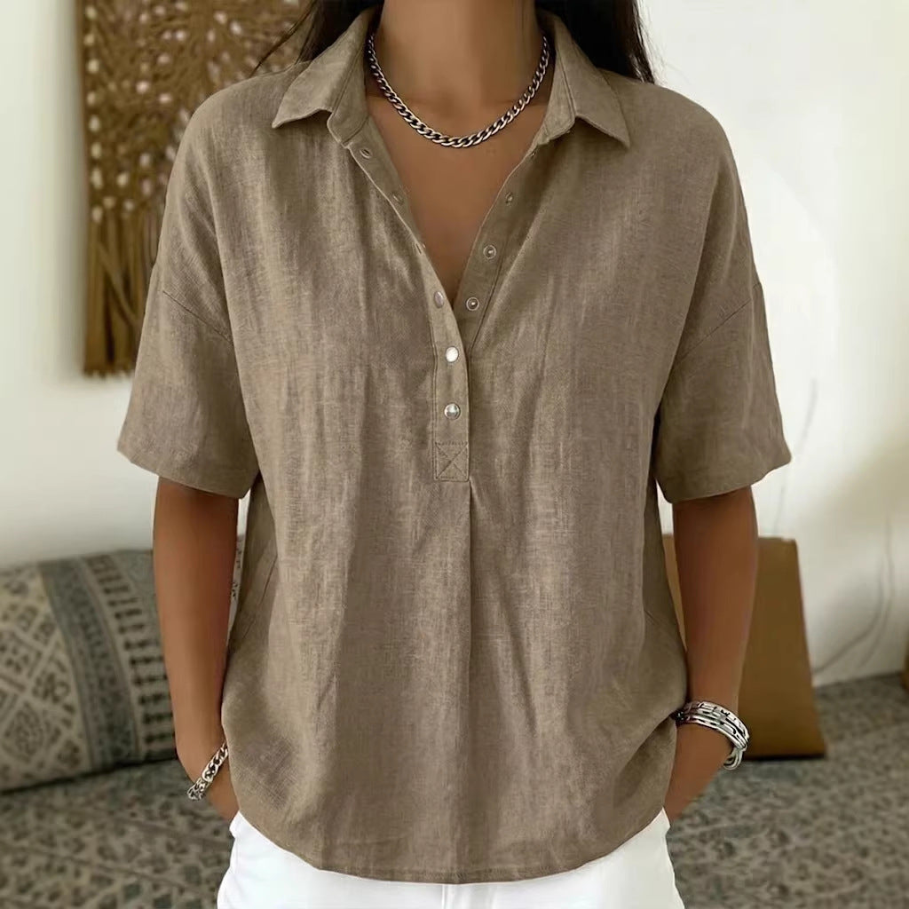 Short Sleeve Button Pullover Shirt – Solid Color Women’s Top FitiqueFit
