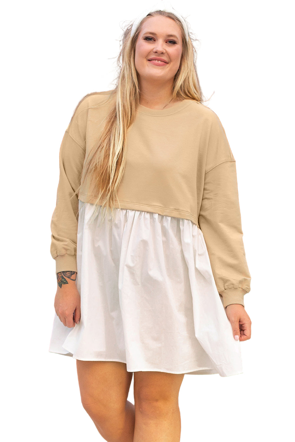 Apricot Color Block Patchwork Ruffled Plus Size Mini Dress Garden Naked Curves