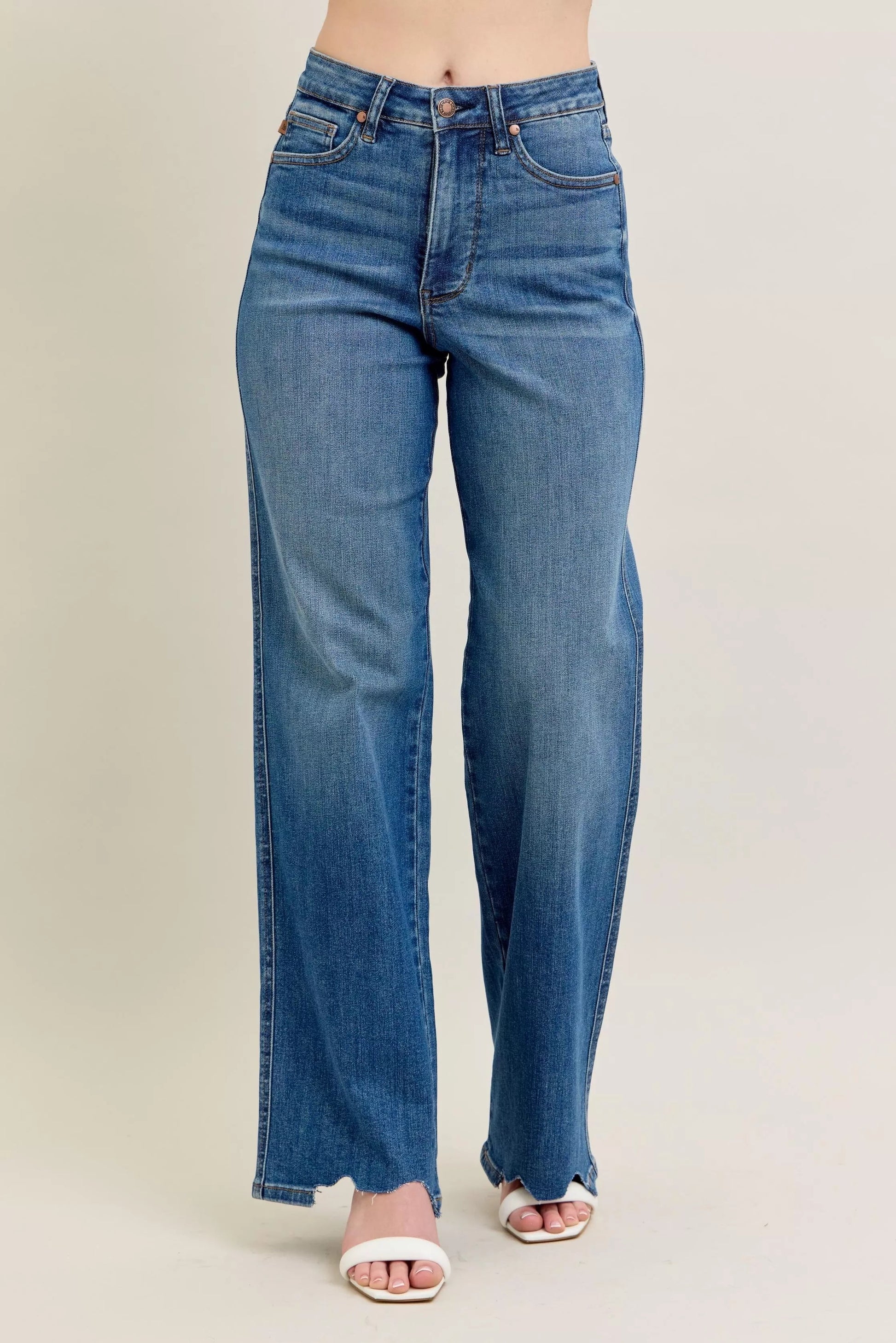 Judy Blue Full Size High Waist Tummy Control Chew Hem Destroy Wide Jeans Plus Size Garden Naked Curves