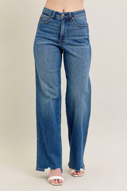 Judy Blue Full Size High Waist Tummy Control Chew Hem Destroy Wide Jeans Plus Size Garden Naked Curves