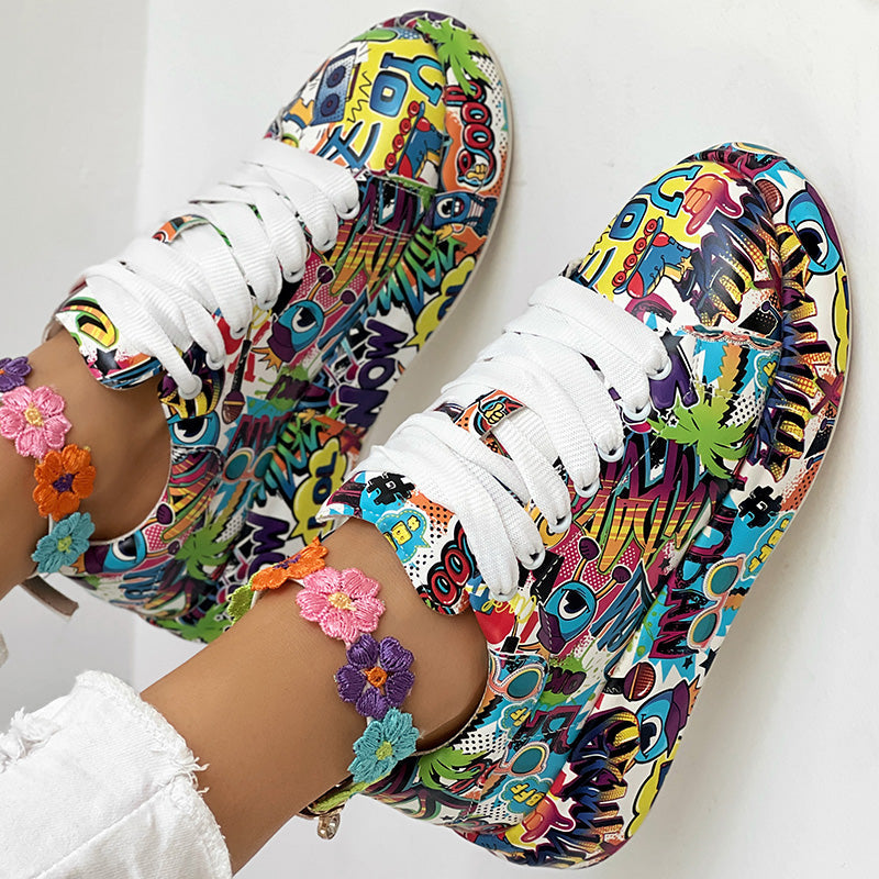 Women's Casual Round Toe Thick Sole Lace-Up Sneakers, Random Print Design, Comfortable Sporty Shoes For Daily Wear See size chart under “more details” The Fashion Celestial