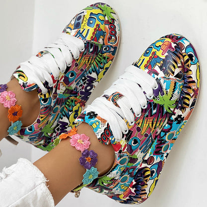 Round-Toe Thick-Sole Lace-Up Sneakers — Women’s Casual Print Shoes FitiqueFit