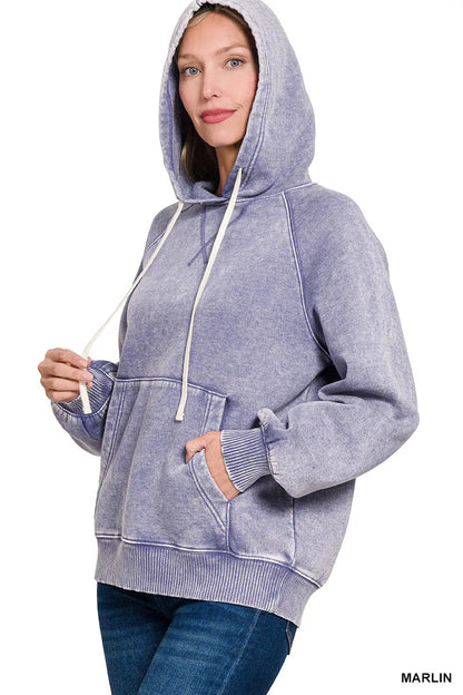 Zenana Acid Wash Fleece Hoodie with Kangaroo Pocket West2East Surf