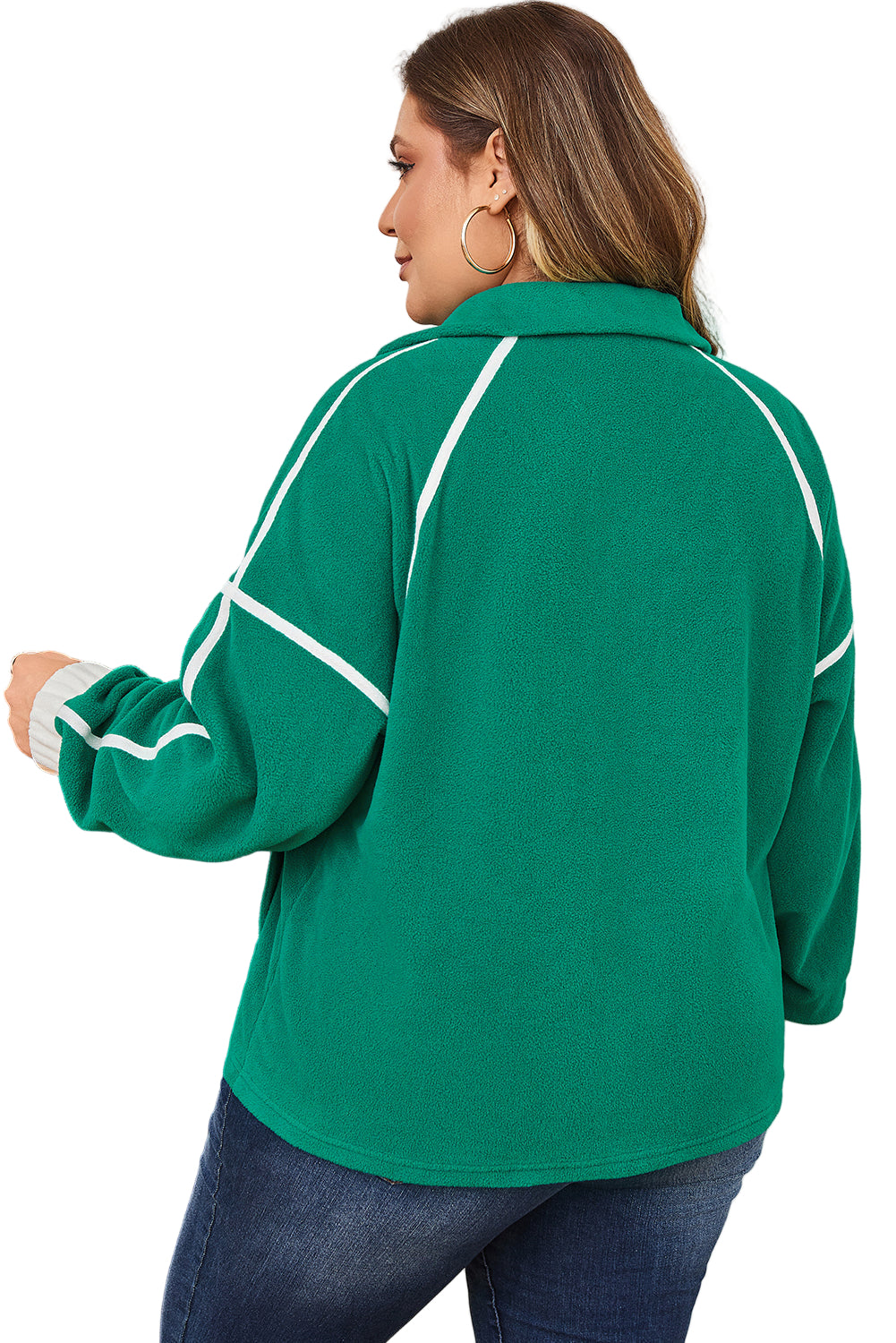 Dark Green Half Zip Contrast Trim Pocketed Plus Size Fleece Sweatshirt Garden Naked Curves