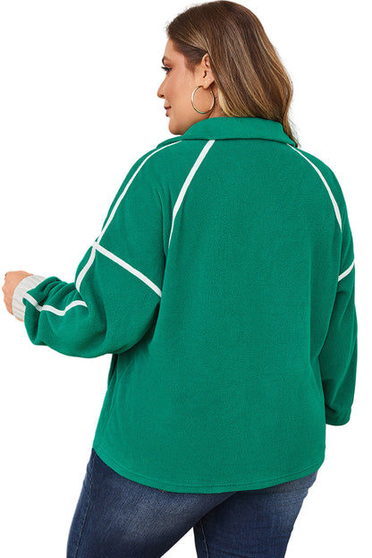 Dark Green Half Zip Contrast Trim Pocketed Plus Size Fleece Sweatshirt Garden Naked Curves