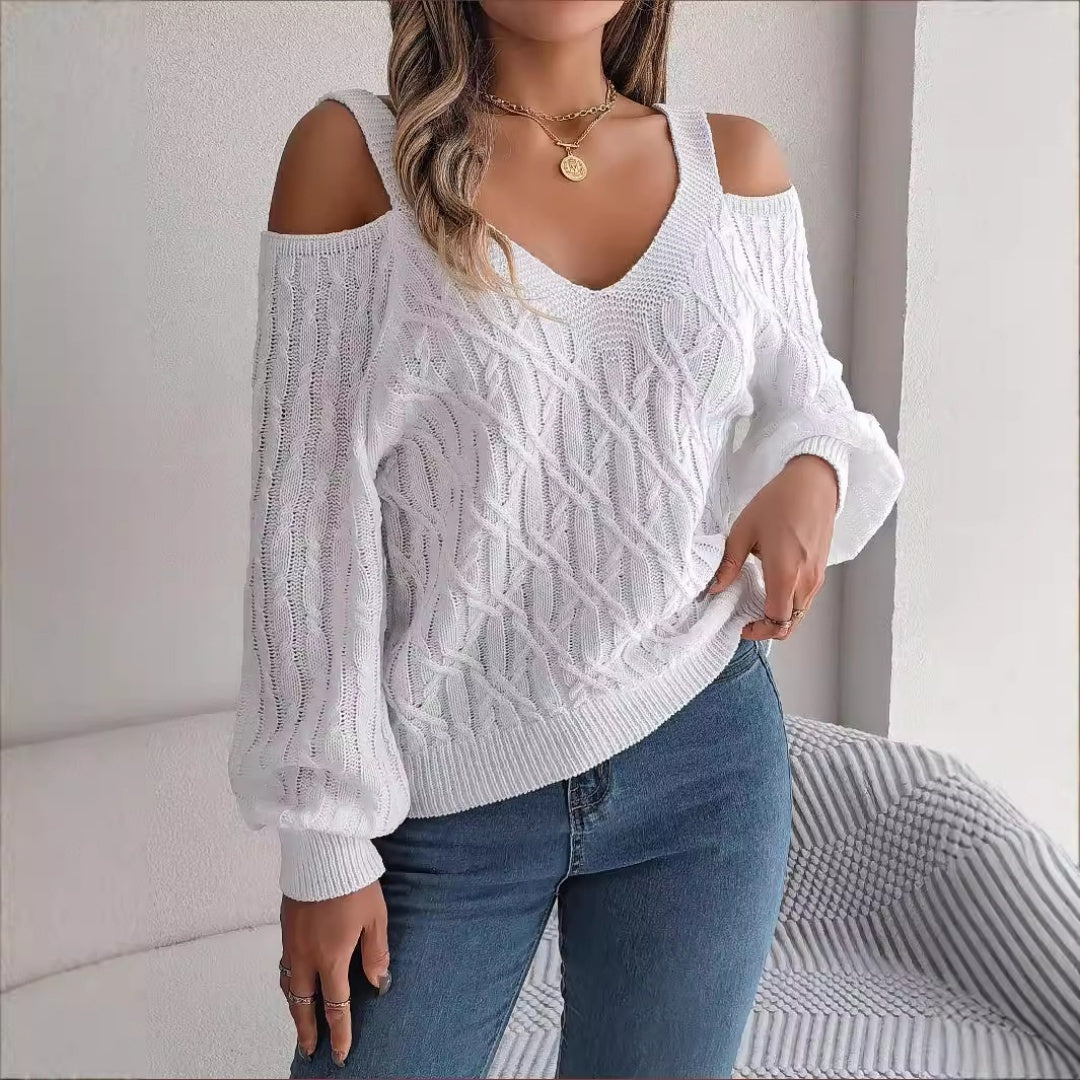 Fried-Dough Twist Off-Shoulder Lantern Sleeve Sweater FitiqueFit