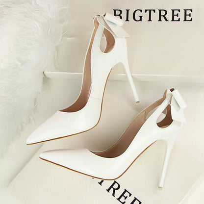Women's Solid Color Cutout Back Bow High Heels See size chart under “more details” The Fashion Celestial