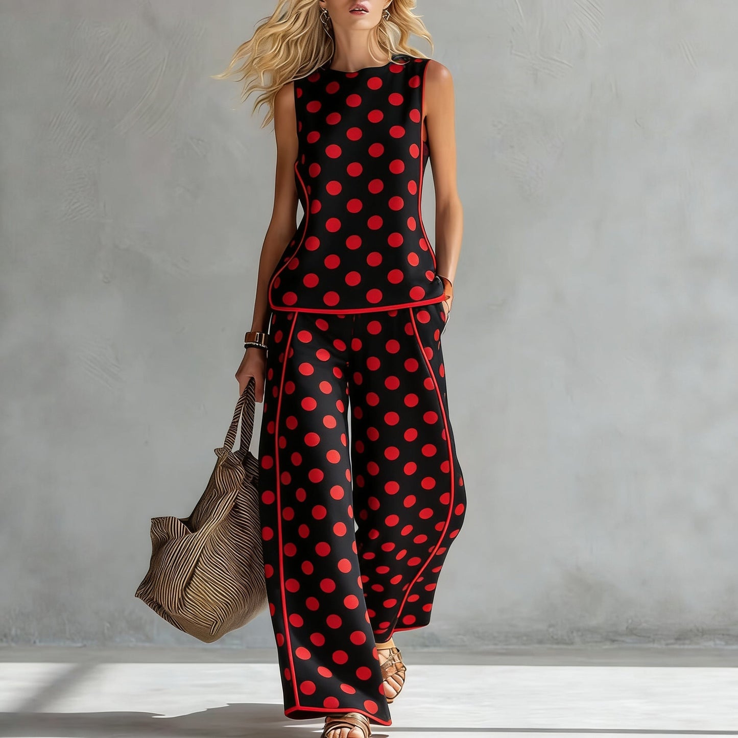 Women's Sleeveless Printed Tank Top & Wide-Leg Pants Two-Piece Set FitiqueFit