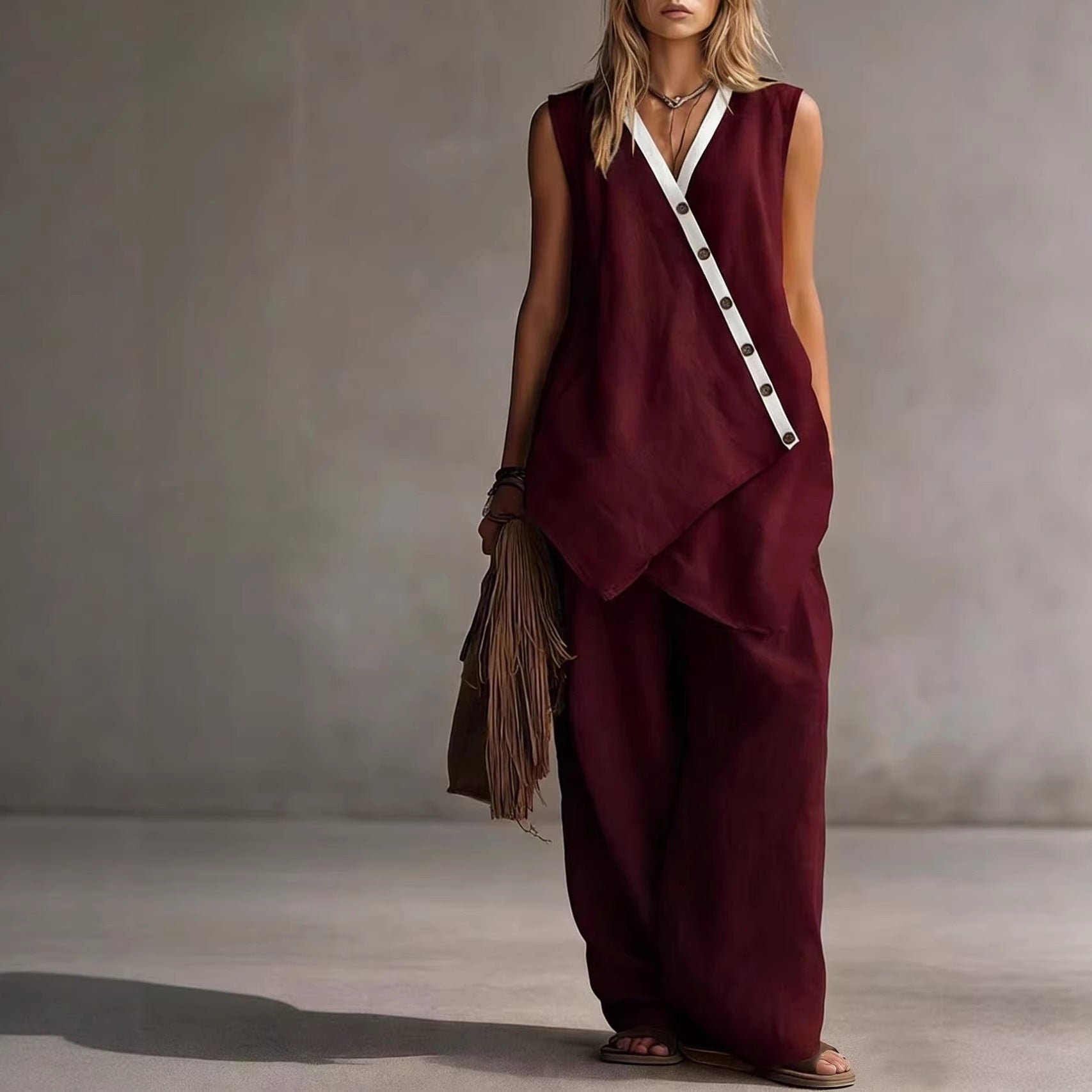 Women's Boho V-Neck Button Vest & Wide-Leg Pants Set FitiqueFit