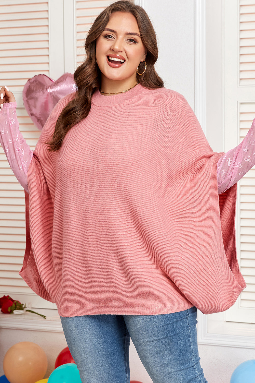 Light Pink Ribbed Knit Half Sleeve Plus Size Poncho Style Sweater Garden Naked Curves