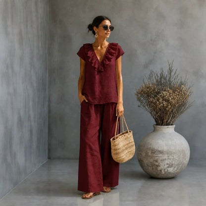 Women's V-Neck Ruffled Hem Top & Wide-Leg Pants Two-Piece Set FitiqueFit