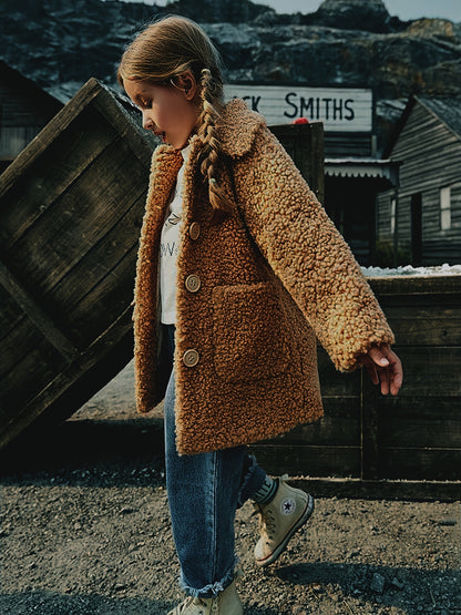 Girls' Lamb Fur Jacket | JOMAKE Korean-Style Lapel Collar, Two-Tone, Warm Windbreaker with Pockets, Lining, Button Closure, Long Sleeves for Winter NovaCart