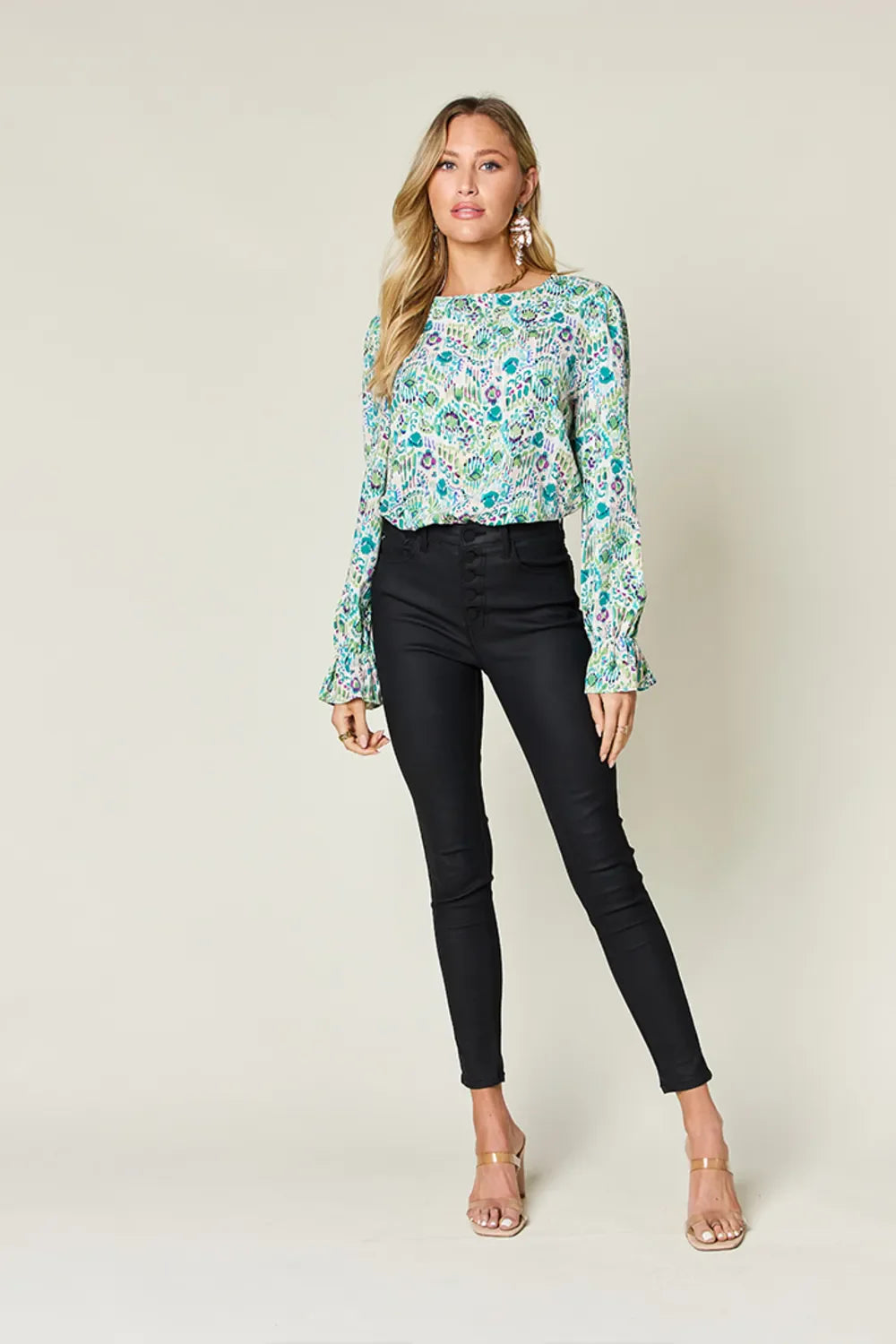 Double Take Full Size Printed Flounce Sleeve Blouse New Era Fashion LLc