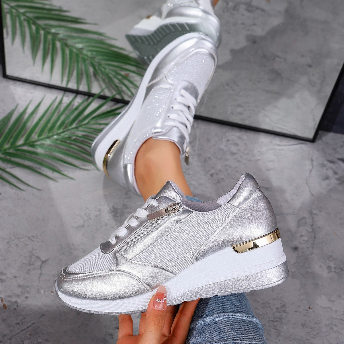 Metallic Lace-Up Side Zipper Thick-Sole Sneakers – 3 Colors EU 37–44 FitiqueFit