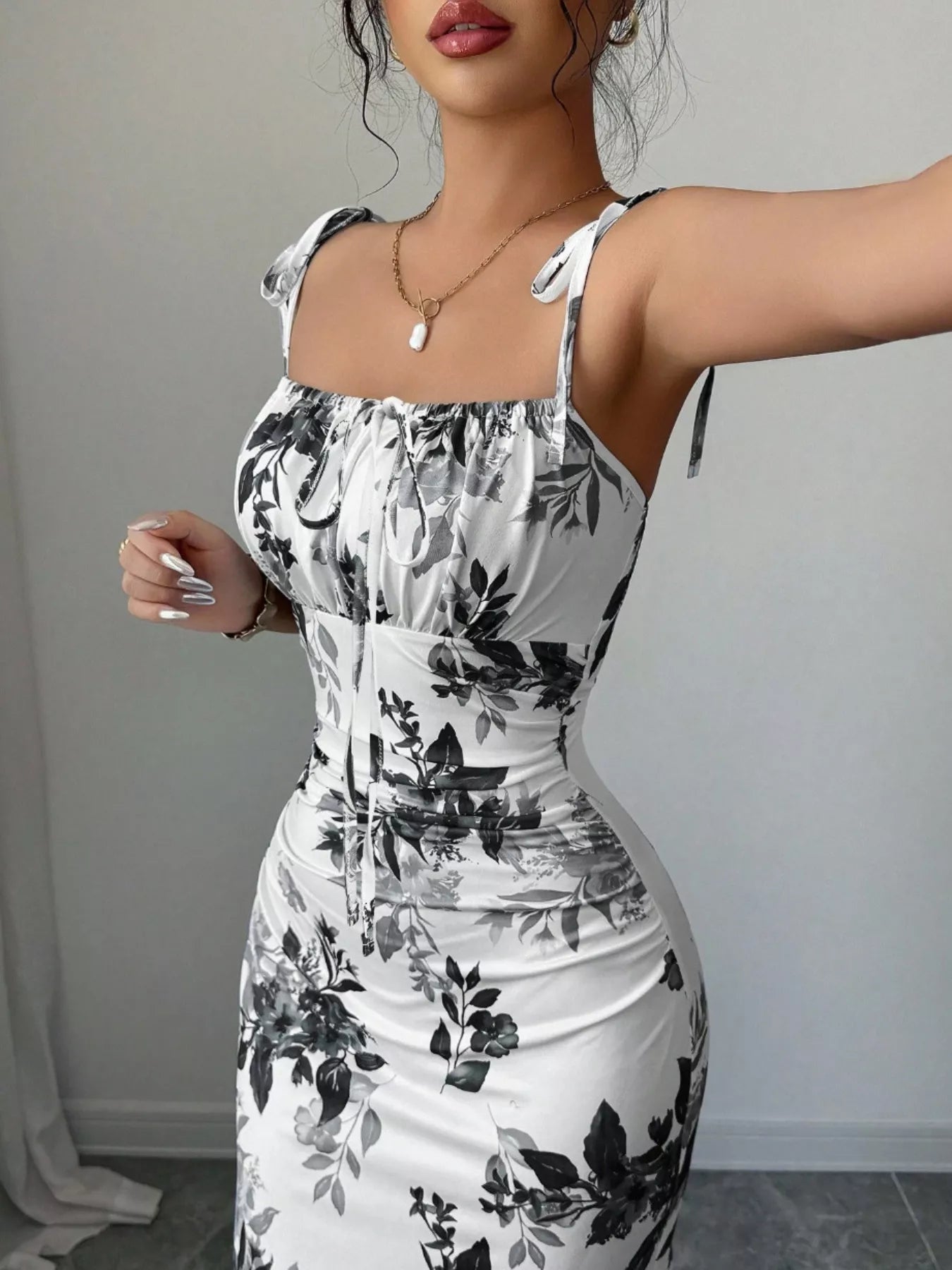 Printed Tie Strap Slit Maxi Dress New Era Fashion LLc