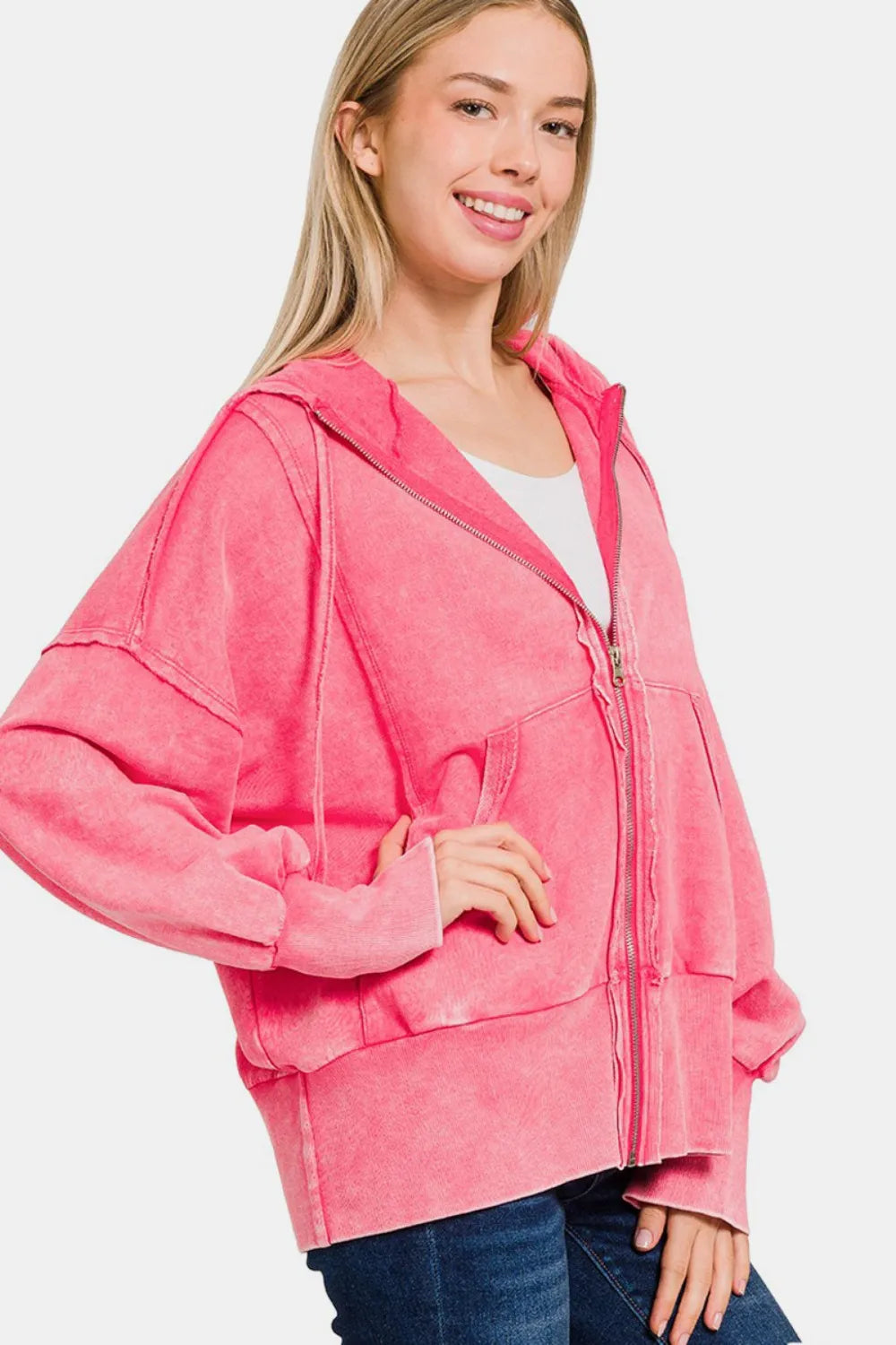 Zenana Acid Washed French Terry Zip-Up Hoodie with Pockets West2East Surf