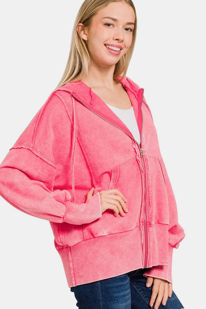 Zenana Acid Washed French Terry Zip-Up Hoodie with Pockets West2East Surf