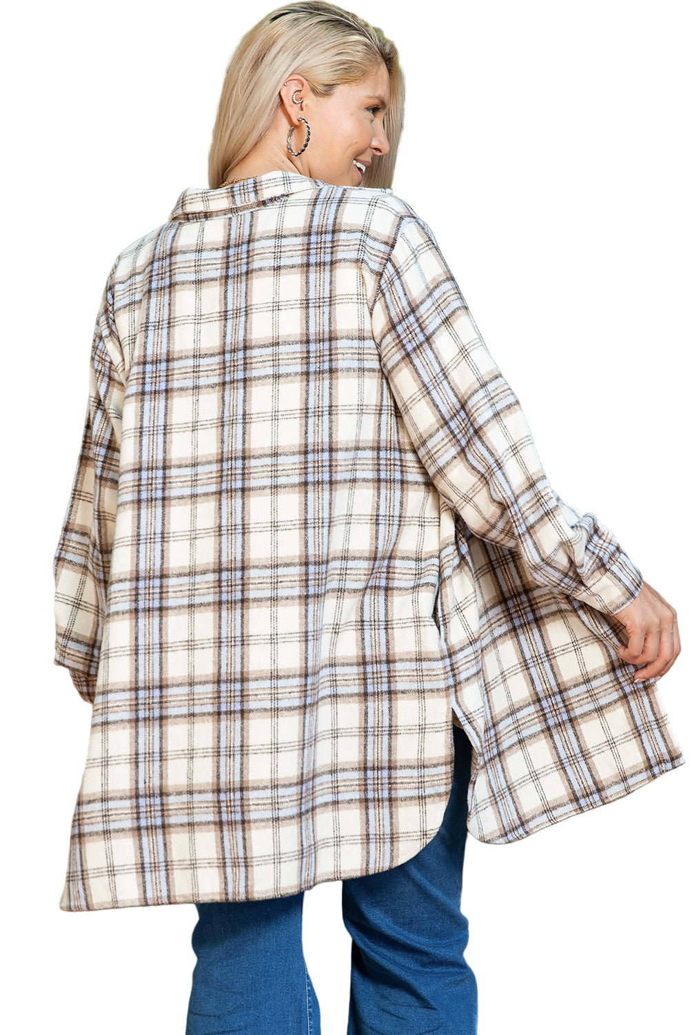 White Plaid Print Tunic Plus Size Shacket with Slits Garden Naked Curves