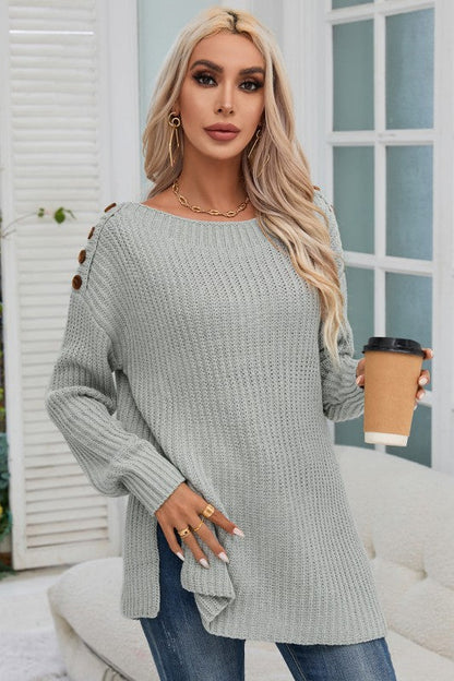 Solid Buttoned Drop Shoulder Sweater Shop Style & More | Fresh Looks, Everyday Deals & Free Shipping