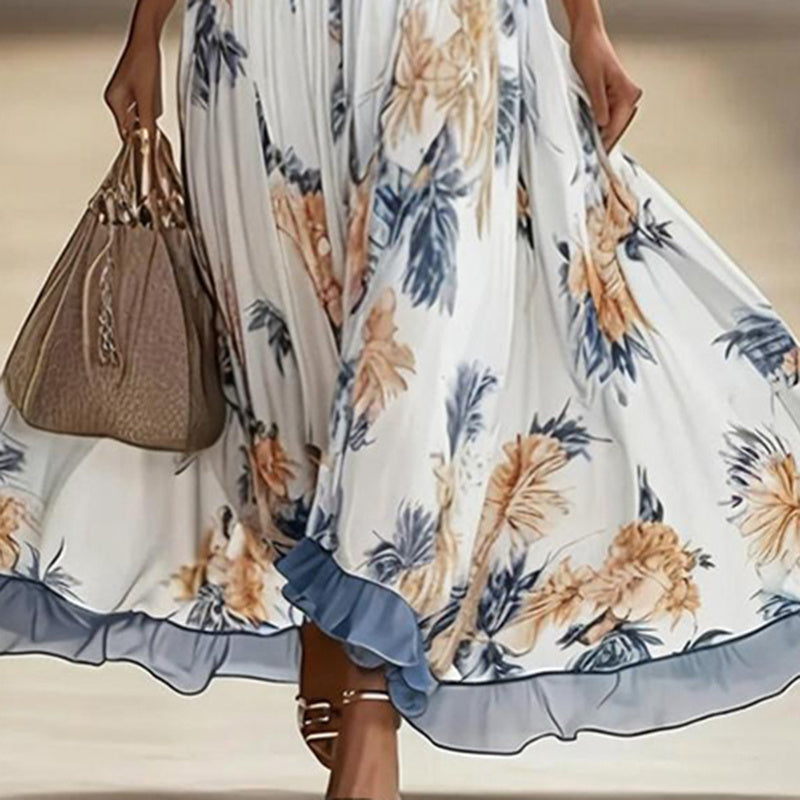 Women's Floral Print Maxi Dress With Deep V-Neck & Flare Sleeves FitiqueFit